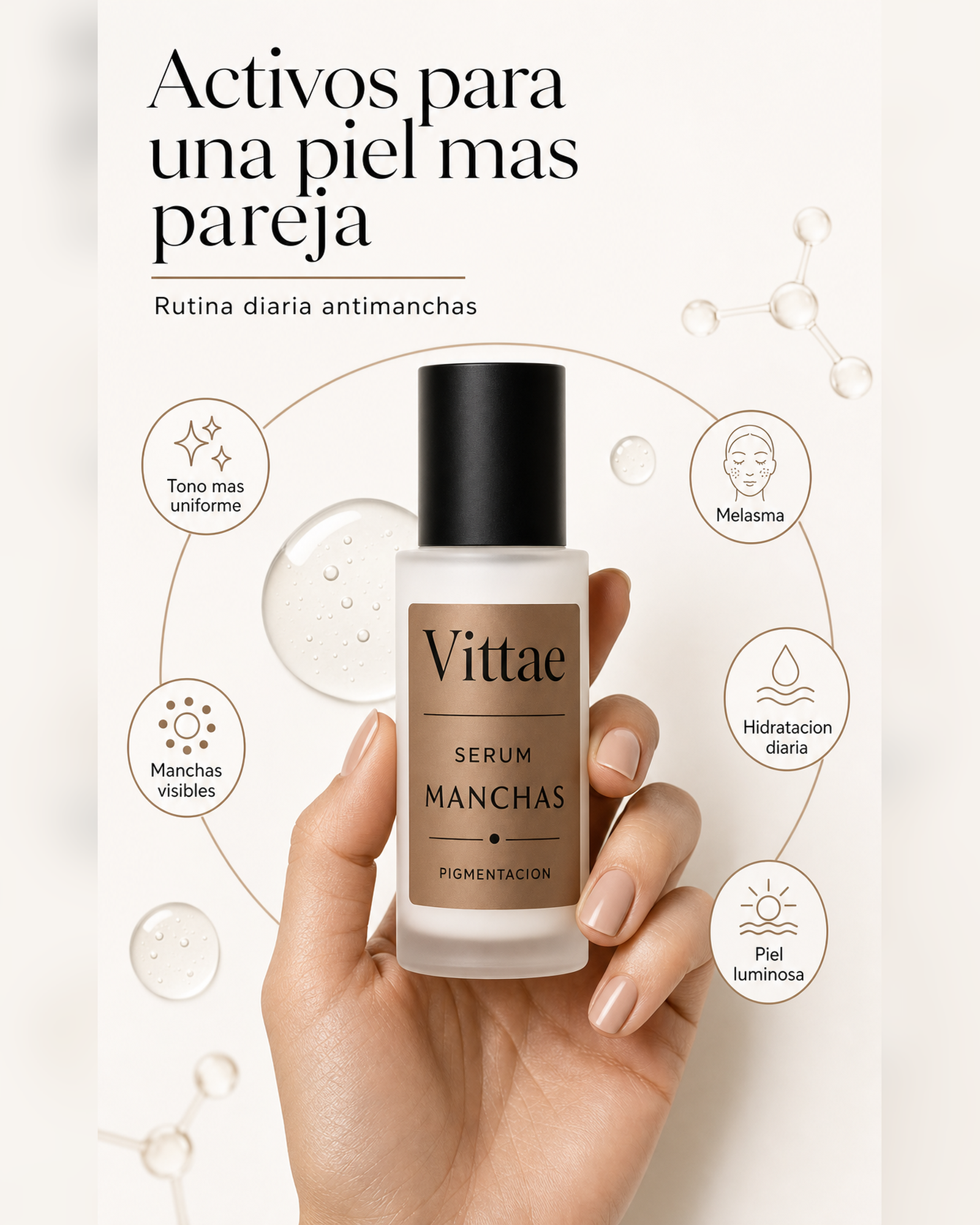 Vittae Serum Antimanchas producto en mano con beneficios 4:5