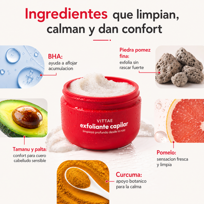 Vittae exfoliante capilar ingredientes BHA pomez palta pomelo curcuma